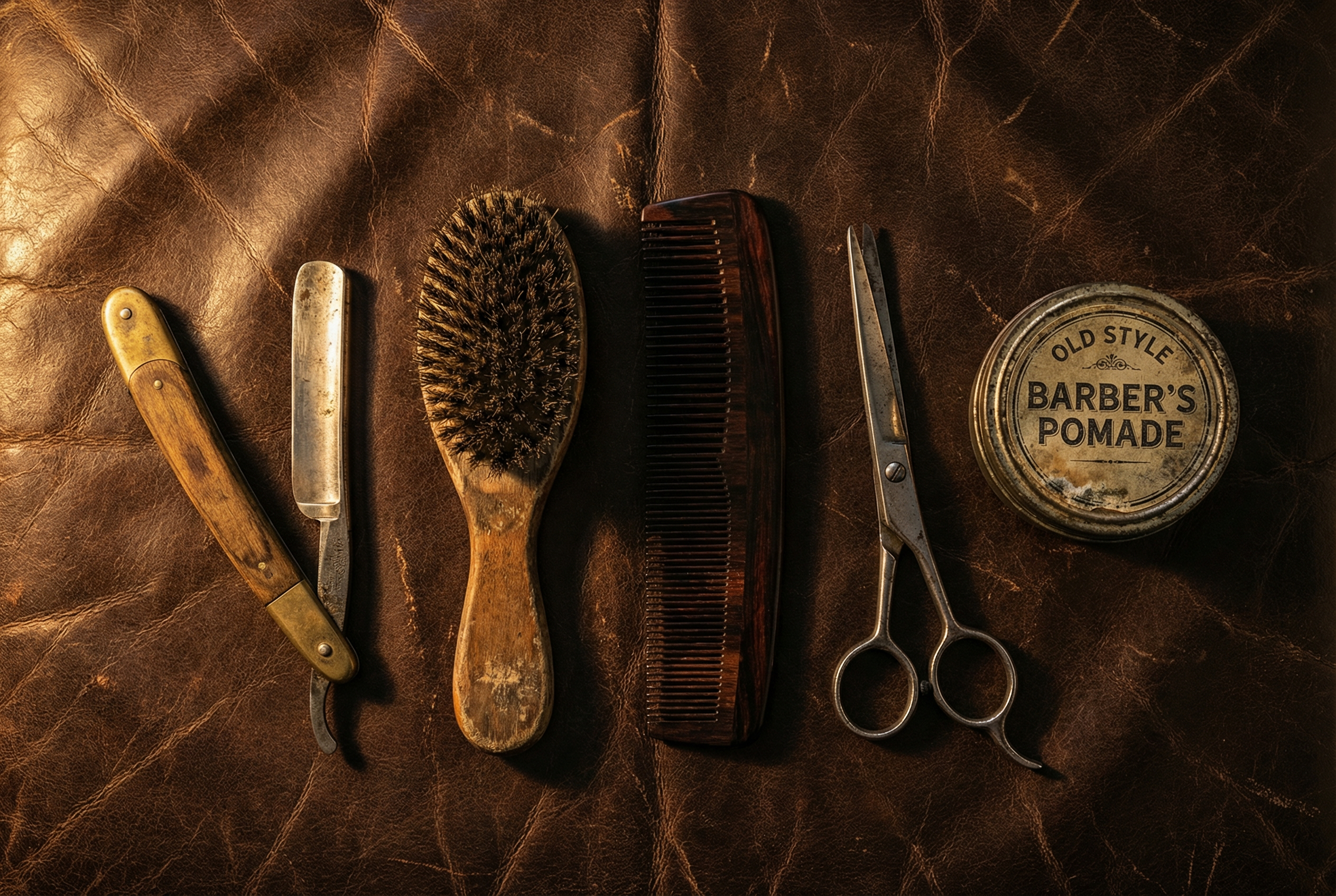 Cut Throat barber tools on leather surface